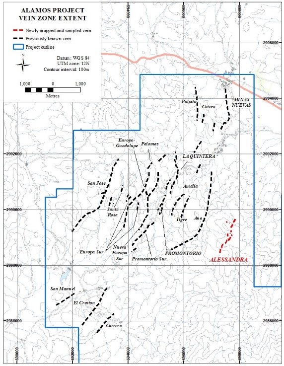 Figure 1. Alamos project, showing previously known vein zones and newly mapped and sampled Alessandra vein zone.